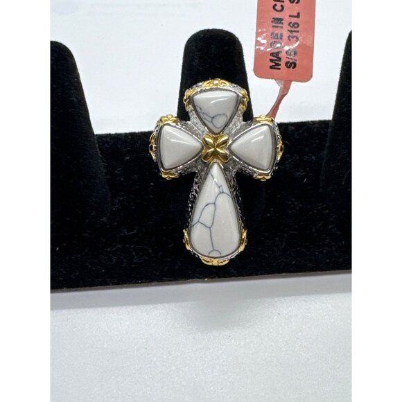 White Howlite Cross Ring Stainless Steel 316L Silver Gold Two Tone Statement - Picture 2 of 11